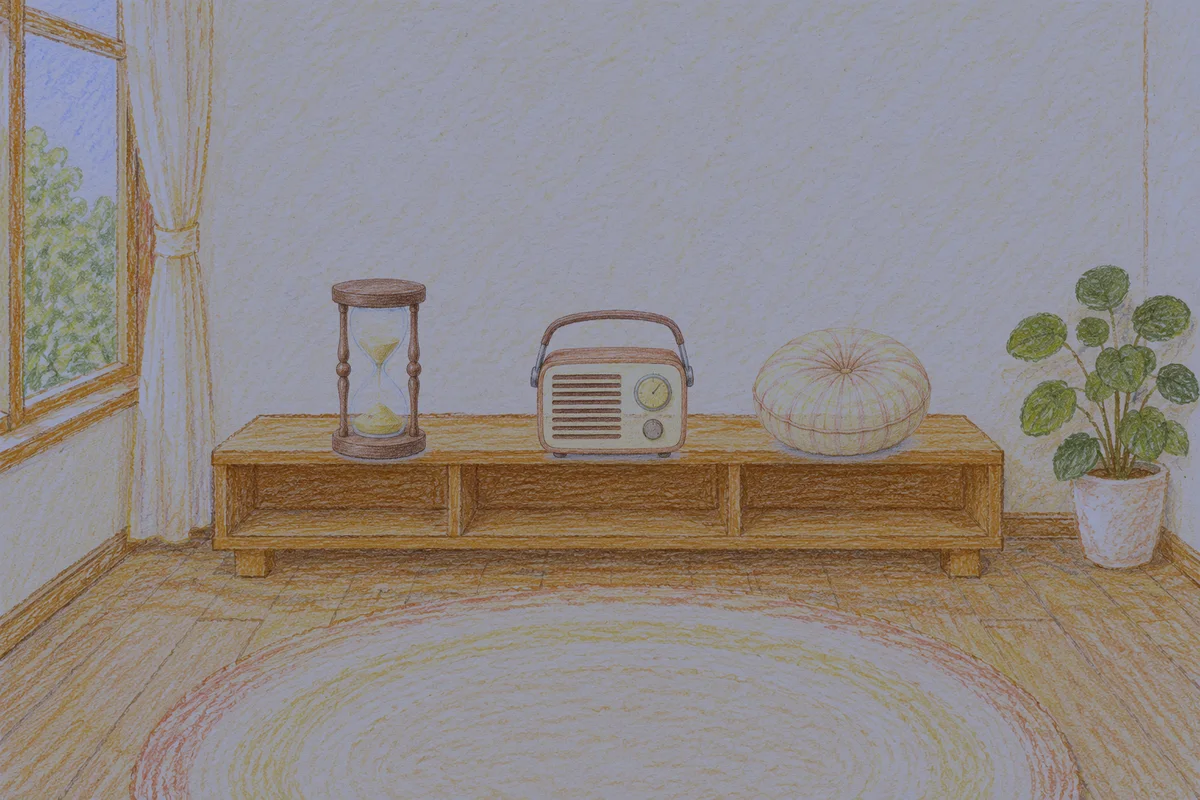 용인 여성전용 가격 마사지 안내 그림, 밤의 창가 낮은 선반 위에 놓인 모래시계, 작은 라디오, 둥근 쿠션