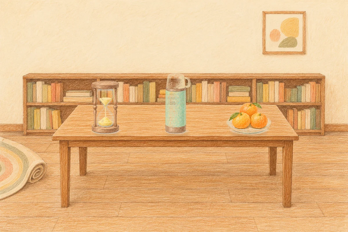 파주 여성전용 아로마 마사지 안내 그림, 낮의 서재 긴 책상 위에 놓인 모래시계, 보온병, 귤이 담긴 접시