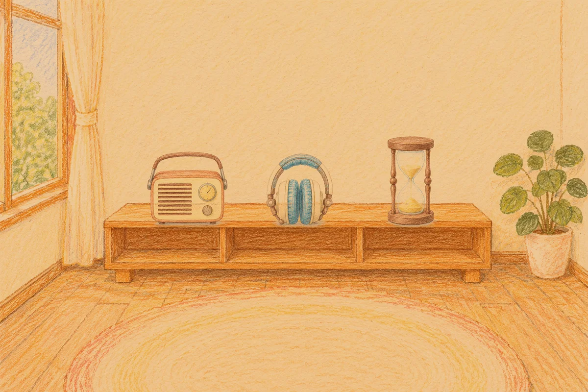 파주 여성전용 프리미엄 스웨디시 안내 그림, 저녁의 창가 낮은 선반 위에 놓인 작은 라디오, 헤드폰, 모래시계
