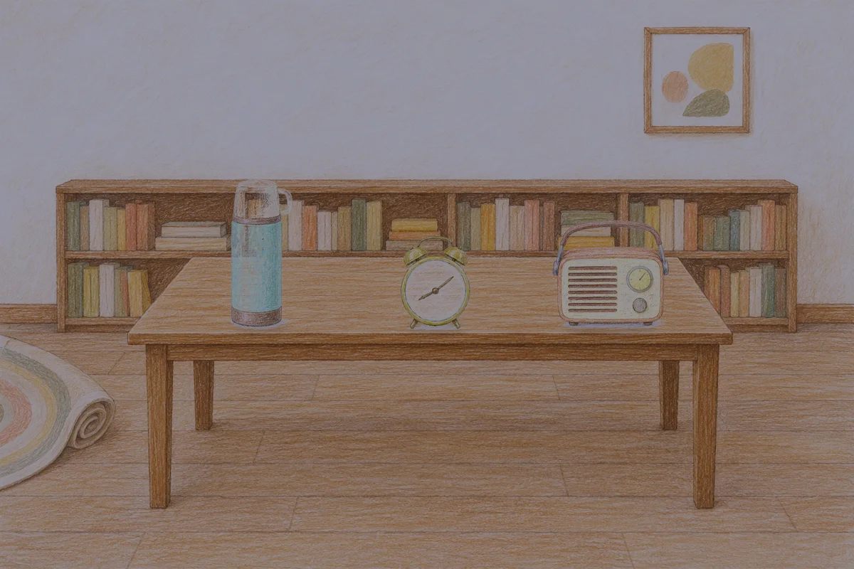 파주 여성전용 스웨디시 가격 안내 그림, 밤의 서재 긴 책상 위에 놓인 보온병, 둥근 알람시계, 작은 라디오