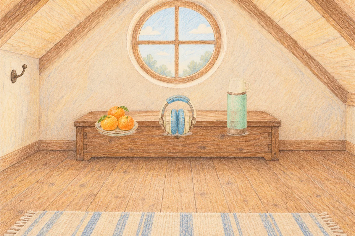 파주 여성전용 아로마 가격 안내 그림, 낮의 다락방 나무 궤짝 위에 놓인 귤이 담긴 접시, 헤드폰, 보온병