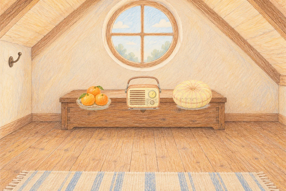 파주 여성전용 경락마사지 안내 그림, 낮의 다락방 나무 궤짝 위에 놓인 귤이 담긴 접시, 작은 라디오, 둥근 쿠션