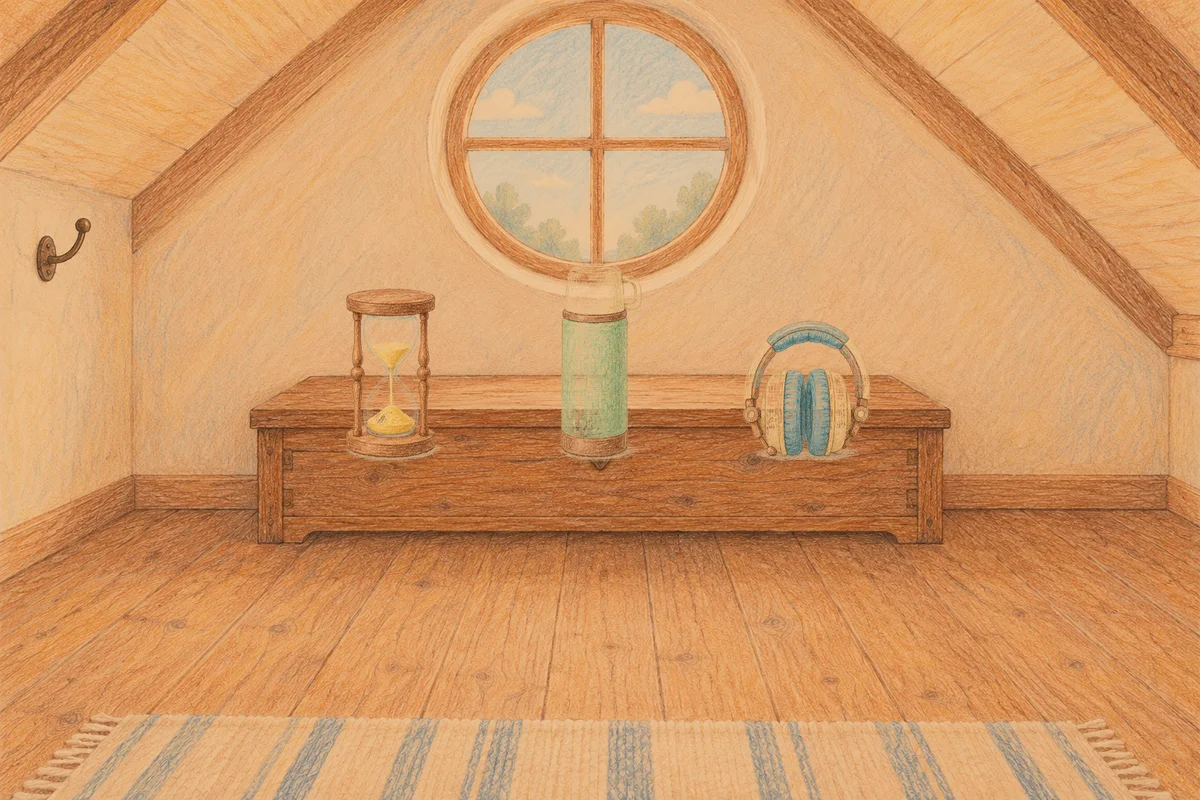 파주 여성전용 바디 경락 안내 그림, 저녁의 다락방 나무 궤짝 위에 놓인 모래시계, 보온병, 헤드폰