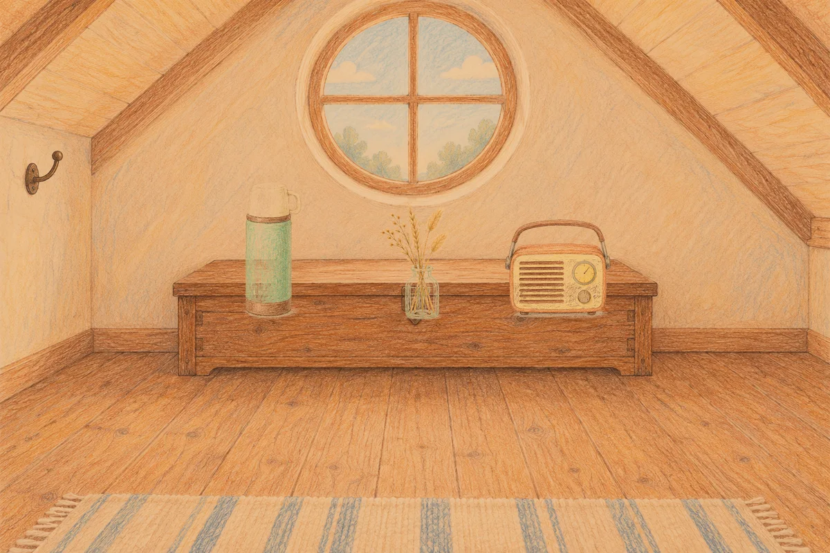 파주 여성전용 경락마사지 후기 안내 그림, 저녁의 다락방 나무 궤짝 위에 놓인 보온병, 마른 풀을 꽂은 항아리, 작은 라디오