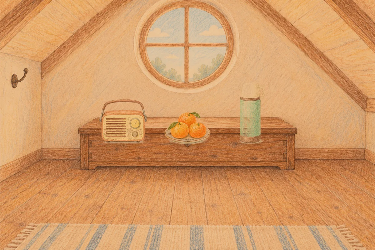 파주 여성전용 방문 마사지 안내 그림, 저녁의 다락방 나무 궤짝 위에 놓인 작은 라디오, 귤이 담긴 접시, 보온병