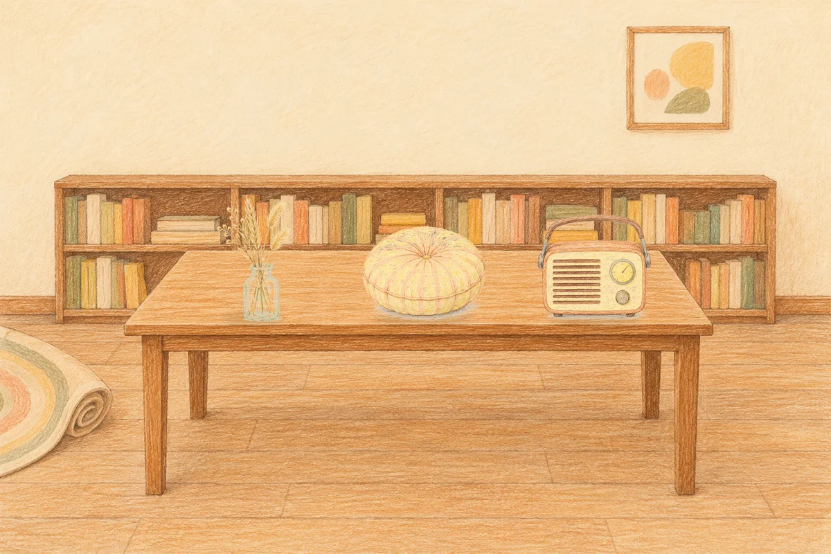 파주 여성전용 홈케어 서비스 안내 그림, 낮의 서재 긴 책상 위에 놓인 마른 풀을 꽂은 항아리, 둥근 쿠션, 작은 라디오