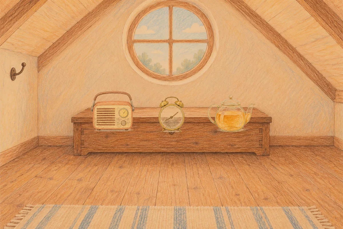 파주 여성전용 프라이빗 케어 안내 그림, 저녁의 다락방 나무 궤짝 위에 놓인 작은 라디오, 둥근 알람시계, 유리 티포트
