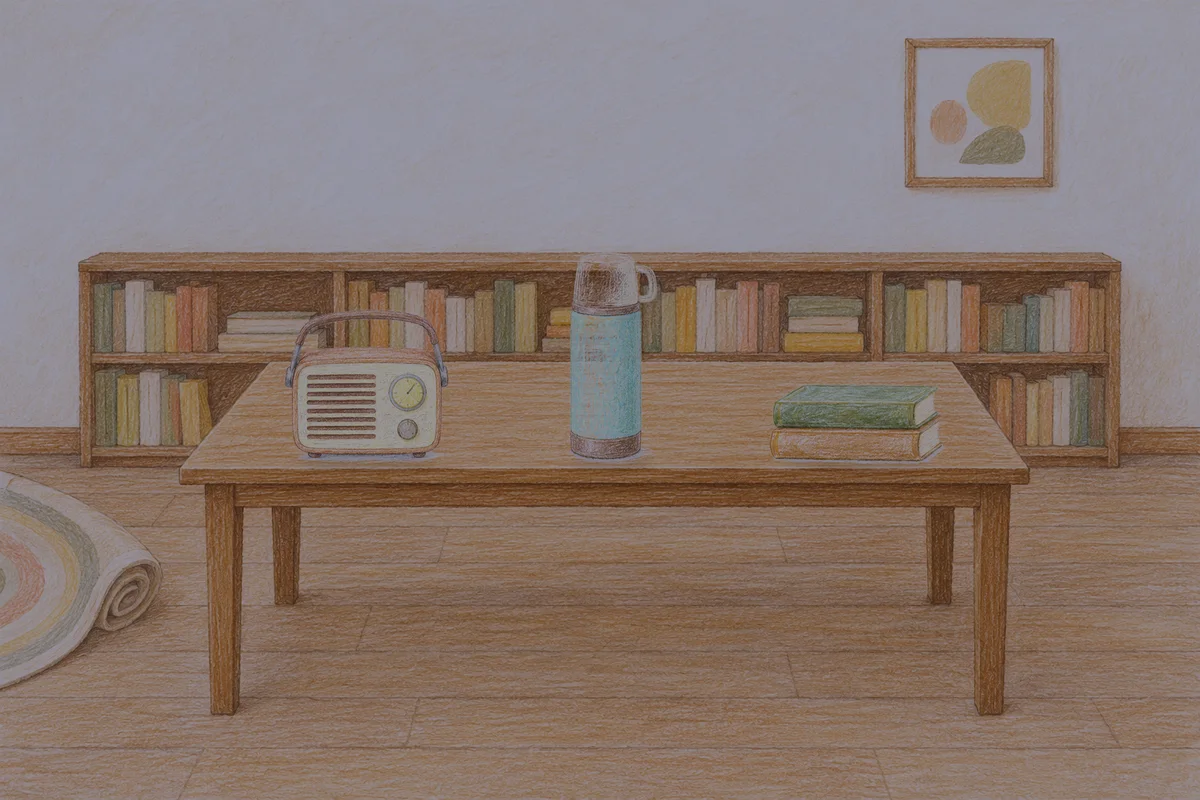 파주 여성전용 홈케어 후기 안내 그림, 밤의 서재 긴 책상 위에 놓인 작은 라디오, 보온병, 책 두 권
