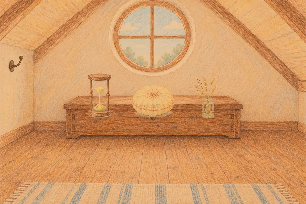 파주 여성전용 발관리 후기 안내 그림, 저녁의 다락방 나무 궤짝 위에 놓인 모래시계, 둥근 쿠션, 마른 풀을 꽂은 항아리