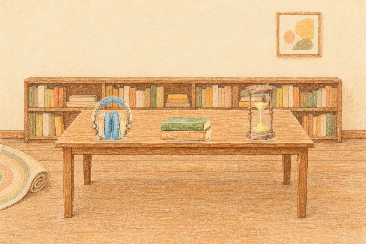파주 여성전용 슬리밍 마사지 안내 그림, 낮의 서재 긴 책상 위에 놓인 헤드폰, 책 두 권, 모래시계