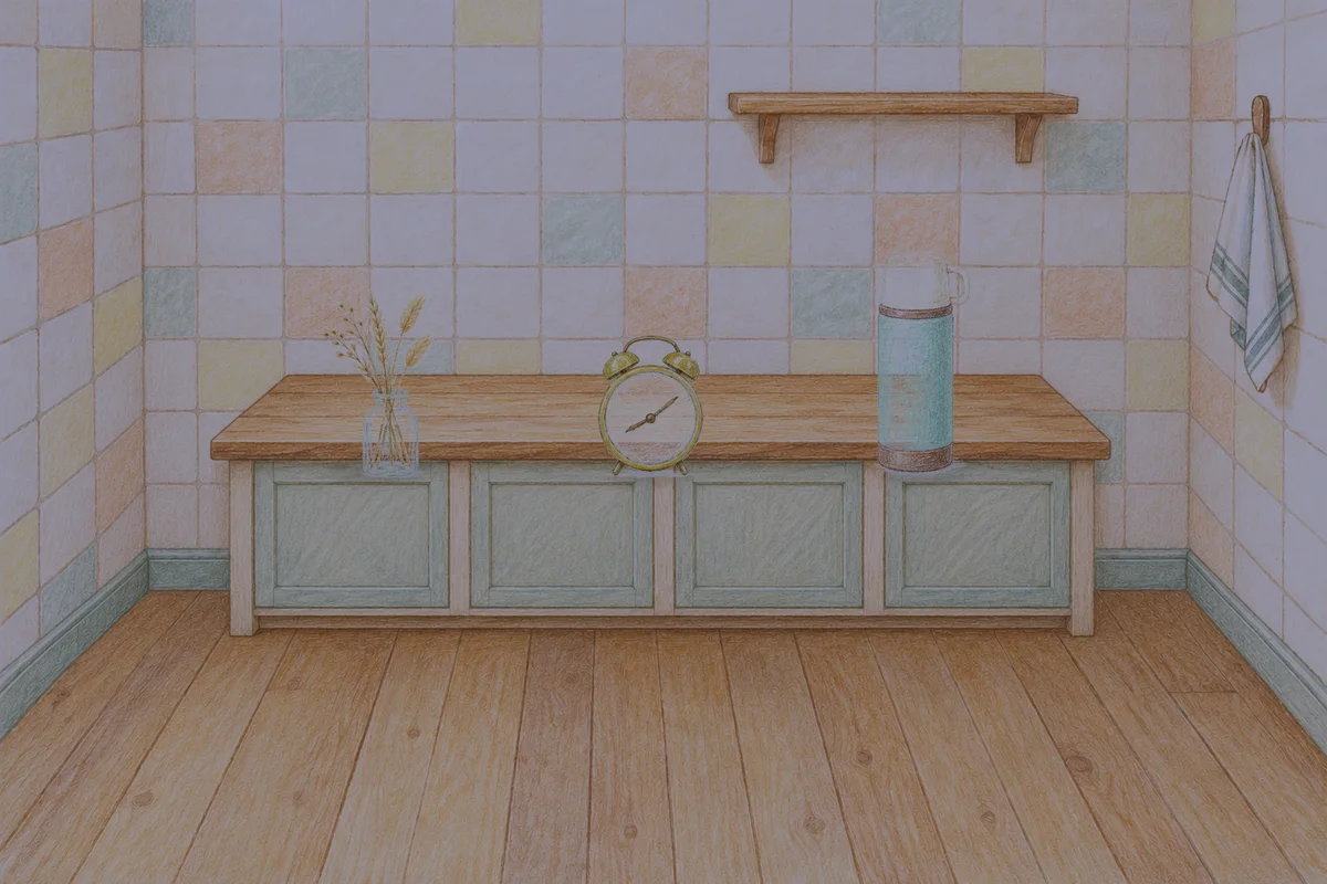 파주 여성전용 등 마사지 안내 그림, 밤의 부엌 나무 조리대 위에 놓인 마른 풀을 꽂은 항아리, 둥근 알람시계, 보온병