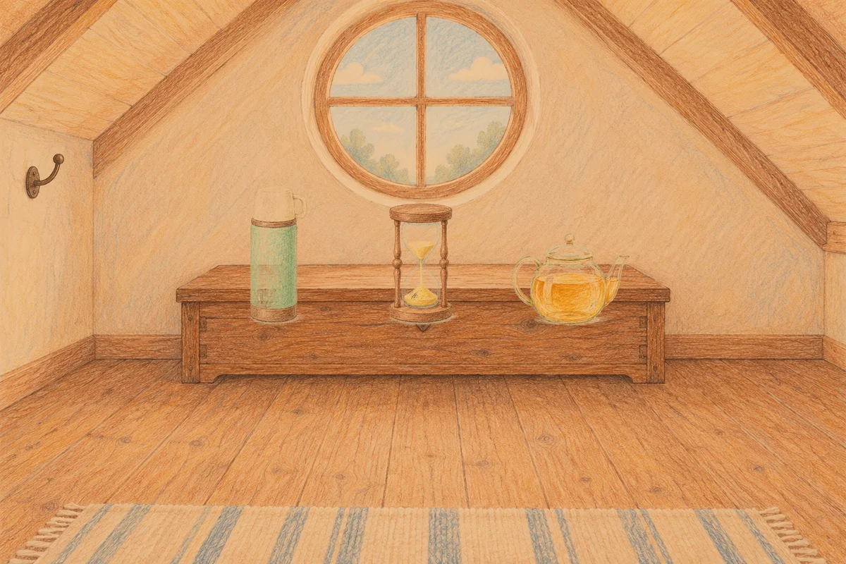 파주 여성전용 두통 완화 마사지 안내 그림, 저녁의 다락방 나무 궤짝 위에 놓인 보온병, 모래시계, 유리 티포트