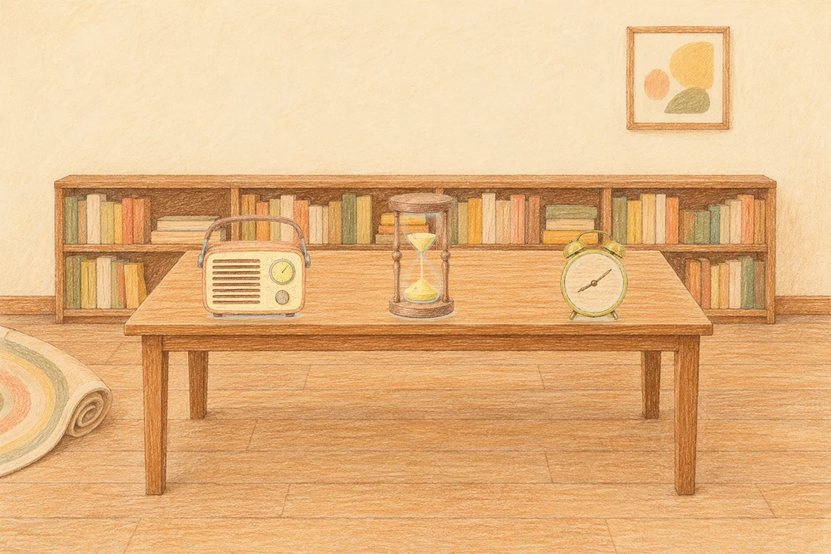 파주 여성전용 얼굴 마사지 안내 그림, 낮의 서재 긴 책상 위에 놓인 작은 라디오, 모래시계, 둥근 알람시계