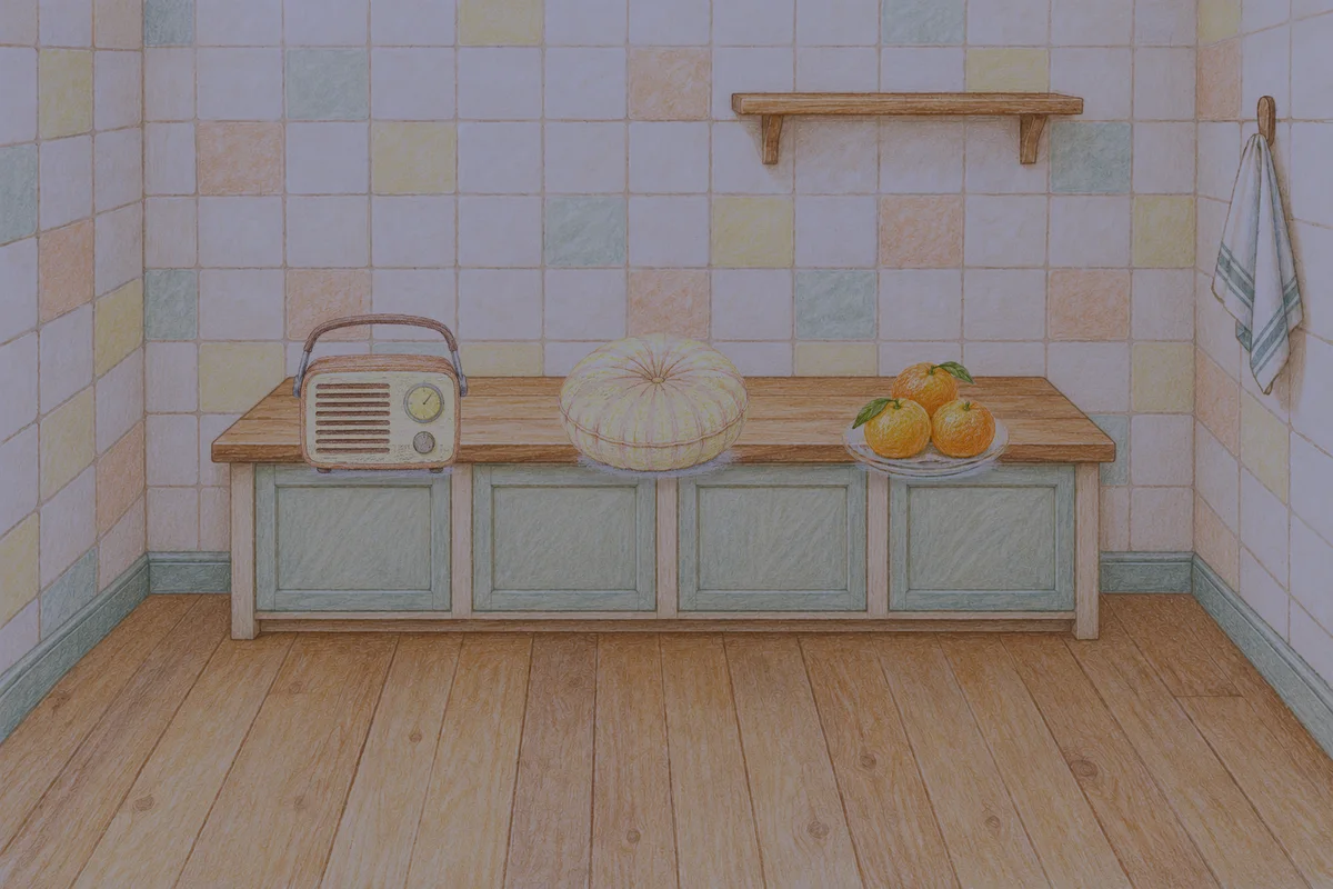 파주 여성전용 림프 페이셜 안내 그림, 밤의 부엌 나무 조리대 위에 놓인 작은 라디오, 둥근 쿠션, 귤이 담긴 접시