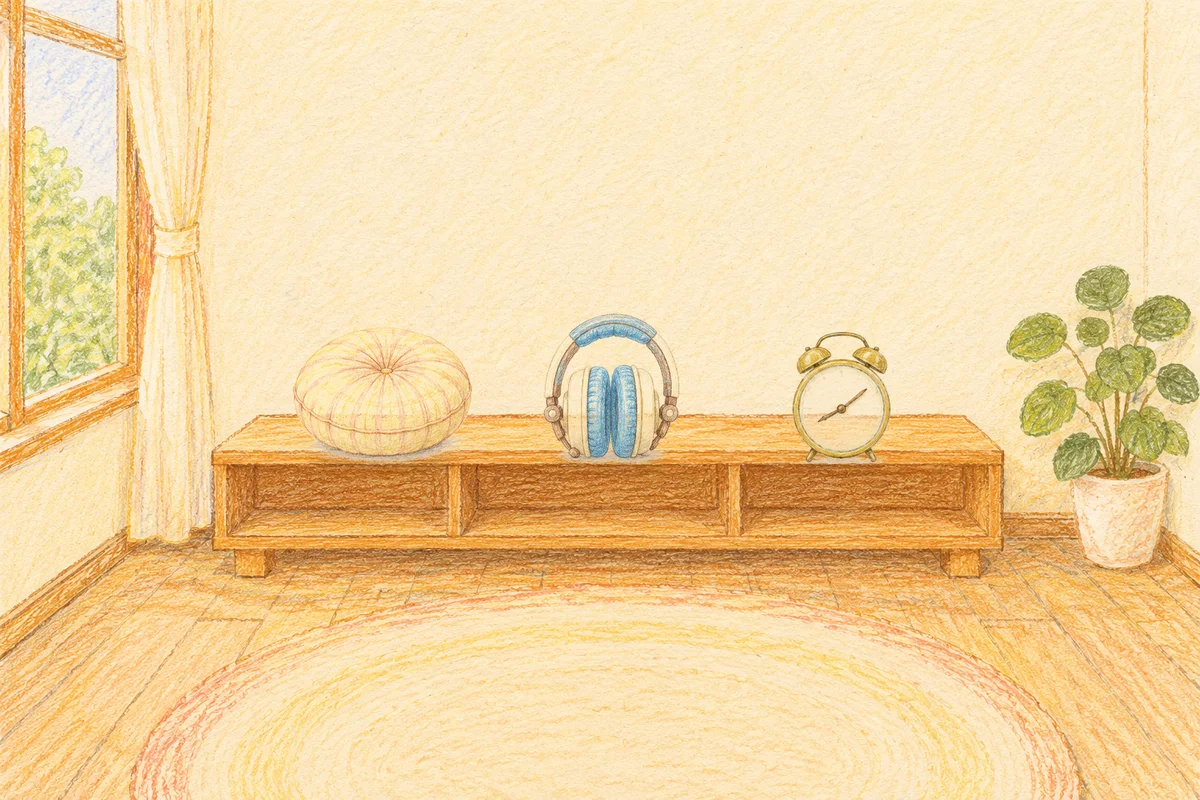 파주 여성전용 안티에이징 케어 안내 그림, 낮의 창가 낮은 선반 위에 놓인 둥근 쿠션, 헤드폰, 둥근 알람시계