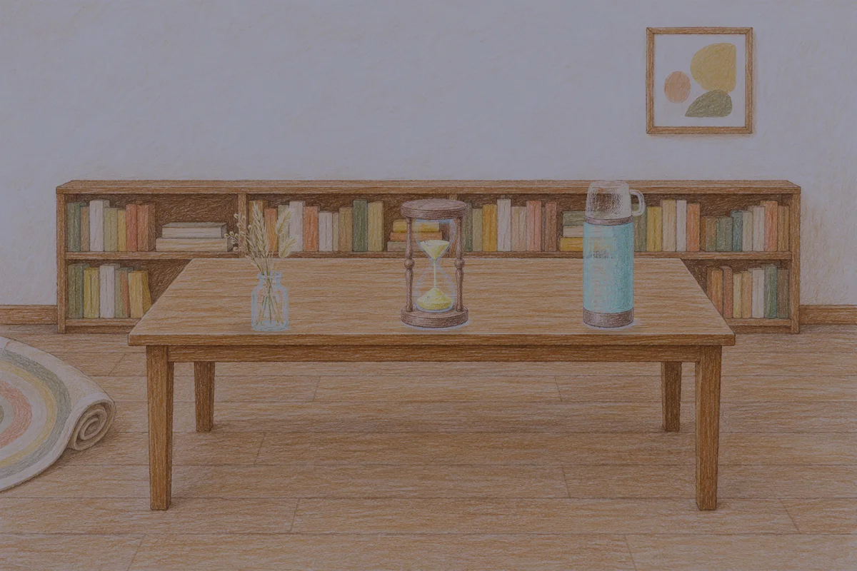 파주 여성전용 피부 관리 안내 그림, 밤의 서재 긴 책상 위에 놓인 마른 풀을 꽂은 항아리, 모래시계, 보온병
