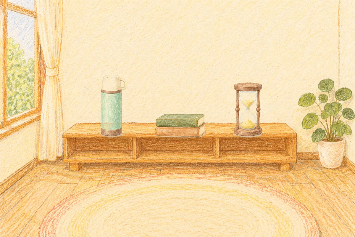 파주 여성전용 후기 마사지 안내 그림, 낮의 창가 낮은 선반 위에 놓인 보온병, 책 두 권, 모래시계