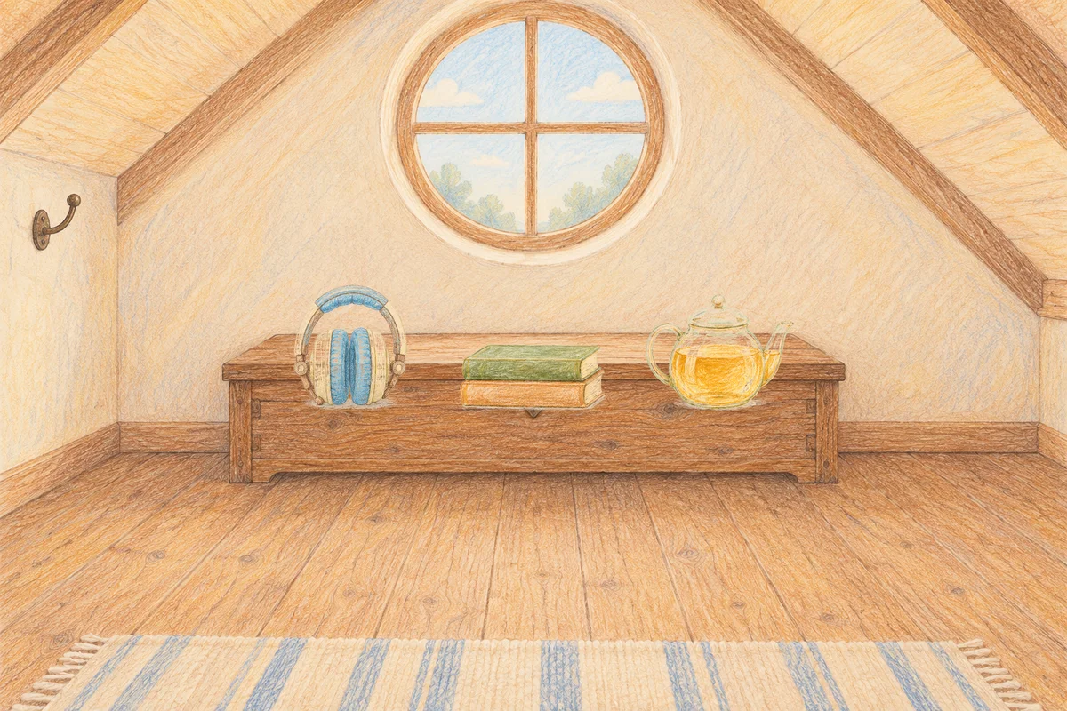파주 여성전용 추천 마사지 안내 그림, 낮의 다락방 나무 궤짝 위에 놓인 헤드폰, 책 두 권, 유리 티포트