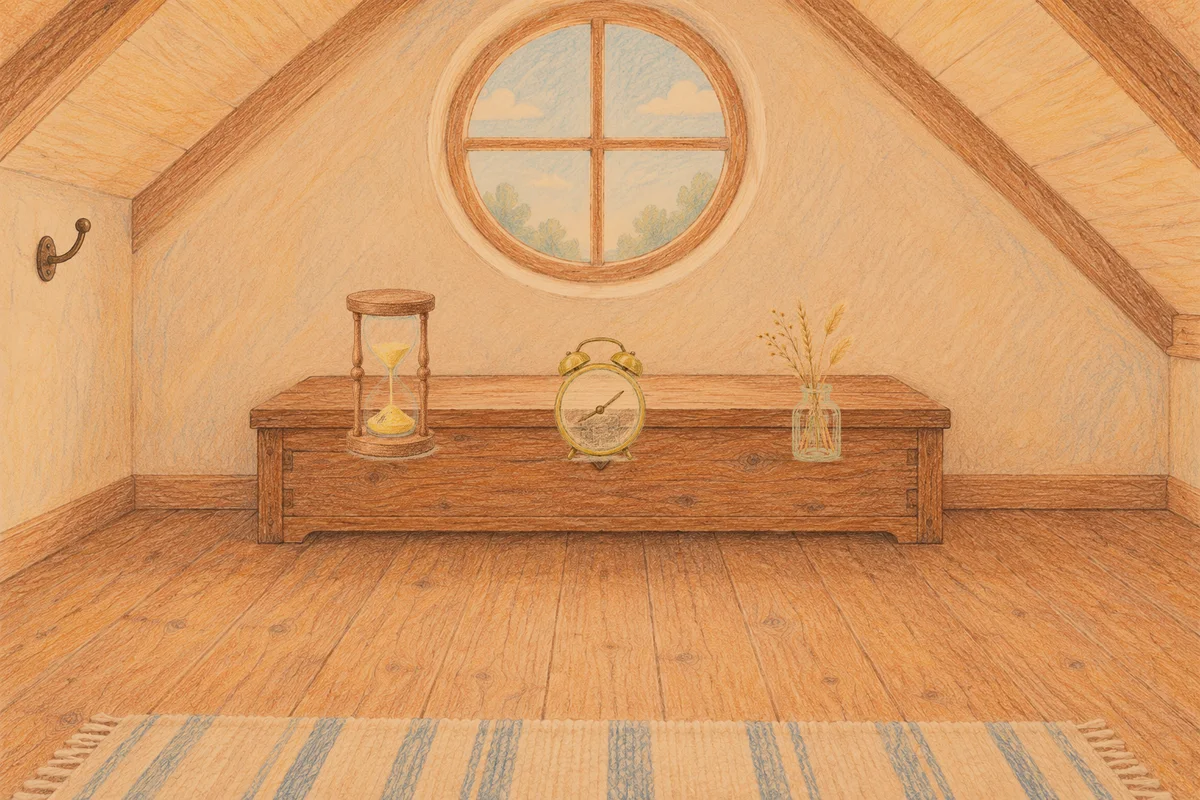 성남 여성전용 스웨디시 마사지 안내 그림, 저녁의 다락방 나무 궤짝 위에 놓인 모래시계, 둥근 알람시계, 마른 풀을 꽂은 항아리