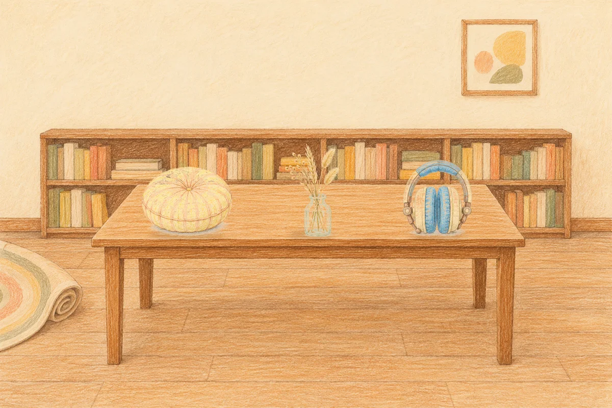 성남 여성전용 프리미엄 스웨디시 안내 그림, 낮의 서재 긴 책상 위에 놓인 둥근 쿠션, 마른 풀을 꽂은 항아리, 헤드폰