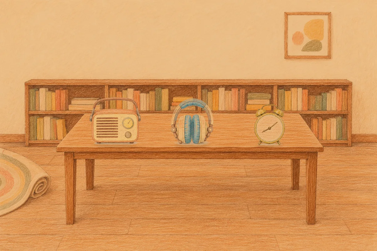 성남 여성전용 아로마 추천 안내 그림, 저녁의 서재 긴 책상 위에 놓인 작은 라디오, 헤드폰, 둥근 알람시계