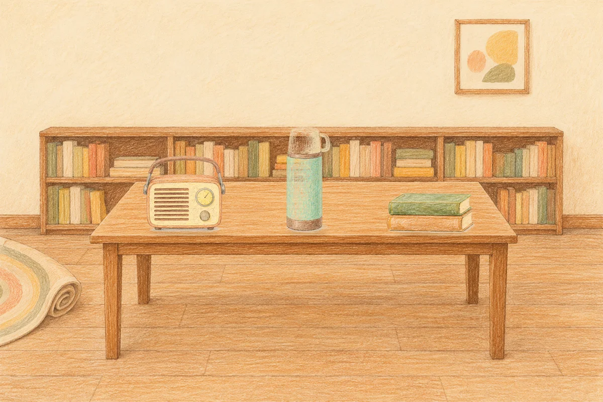 성남 여성전용 경락마사지 안내 그림, 낮의 서재 긴 책상 위에 놓인 작은 라디오, 보온병, 책 두 권