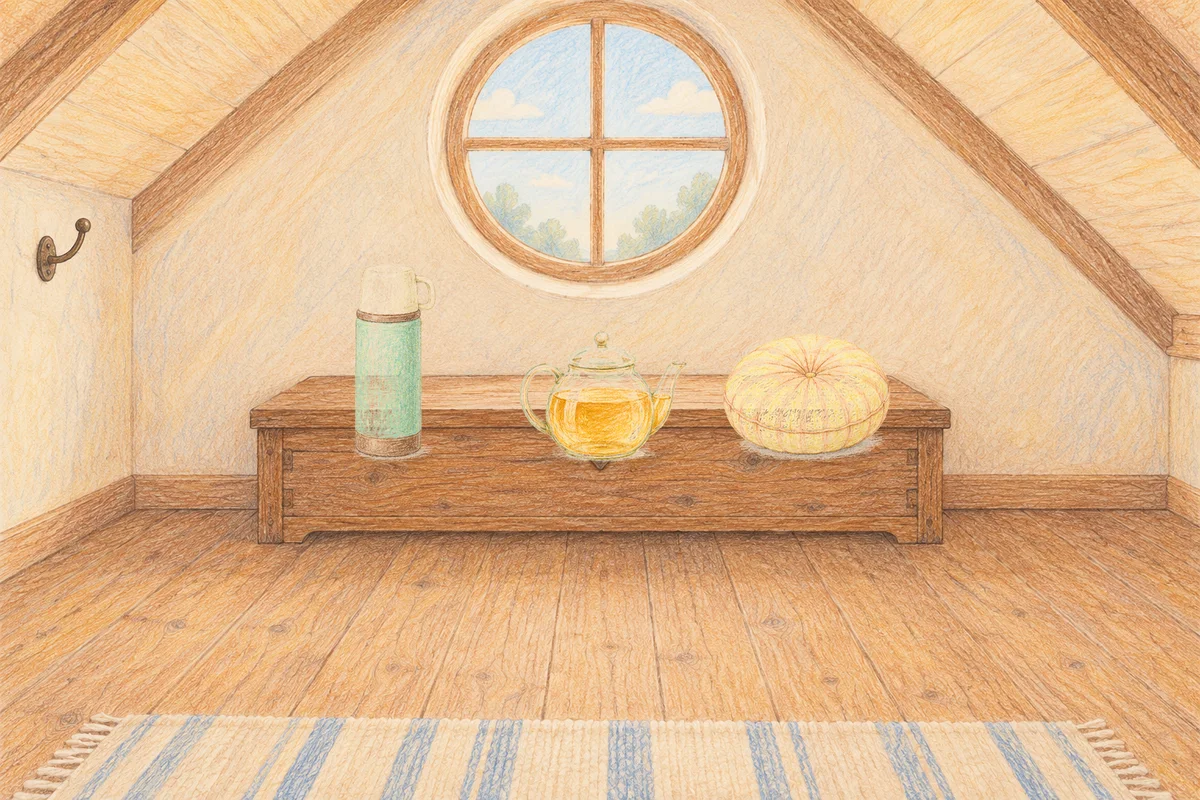 성남 여성전용 얼굴 경락 안내 그림, 낮의 다락방 나무 궤짝 위에 놓인 보온병, 유리 티포트, 둥근 쿠션