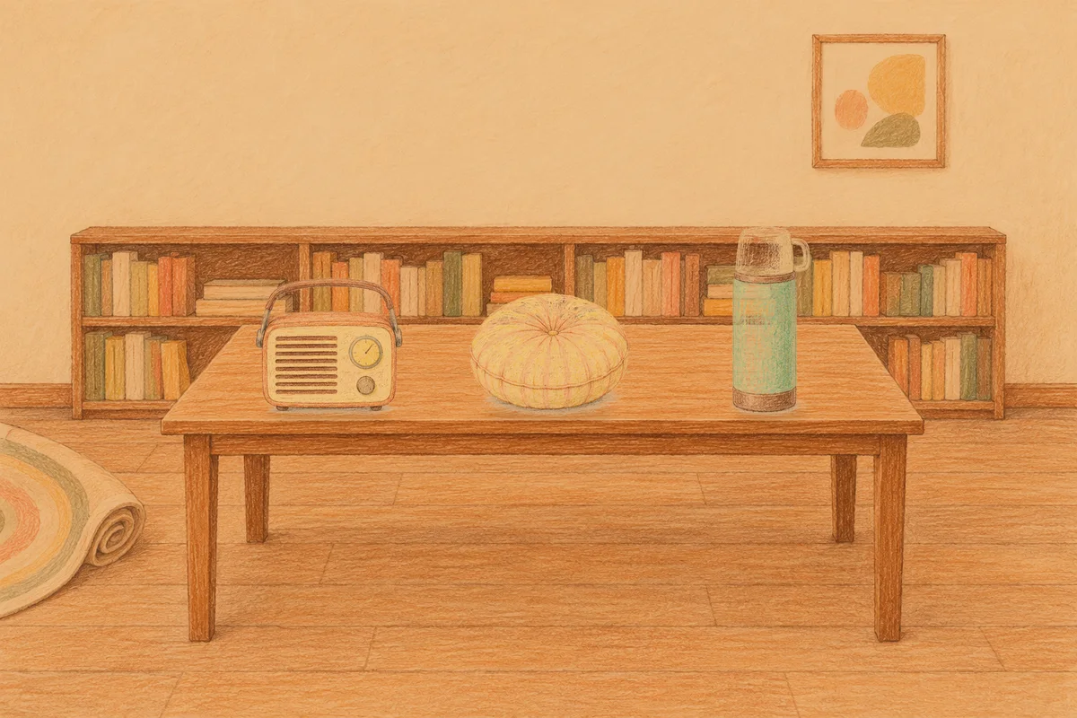 성남 여성전용 바디 경락 안내 그림, 저녁의 서재 긴 책상 위에 놓인 작은 라디오, 둥근 쿠션, 보온병