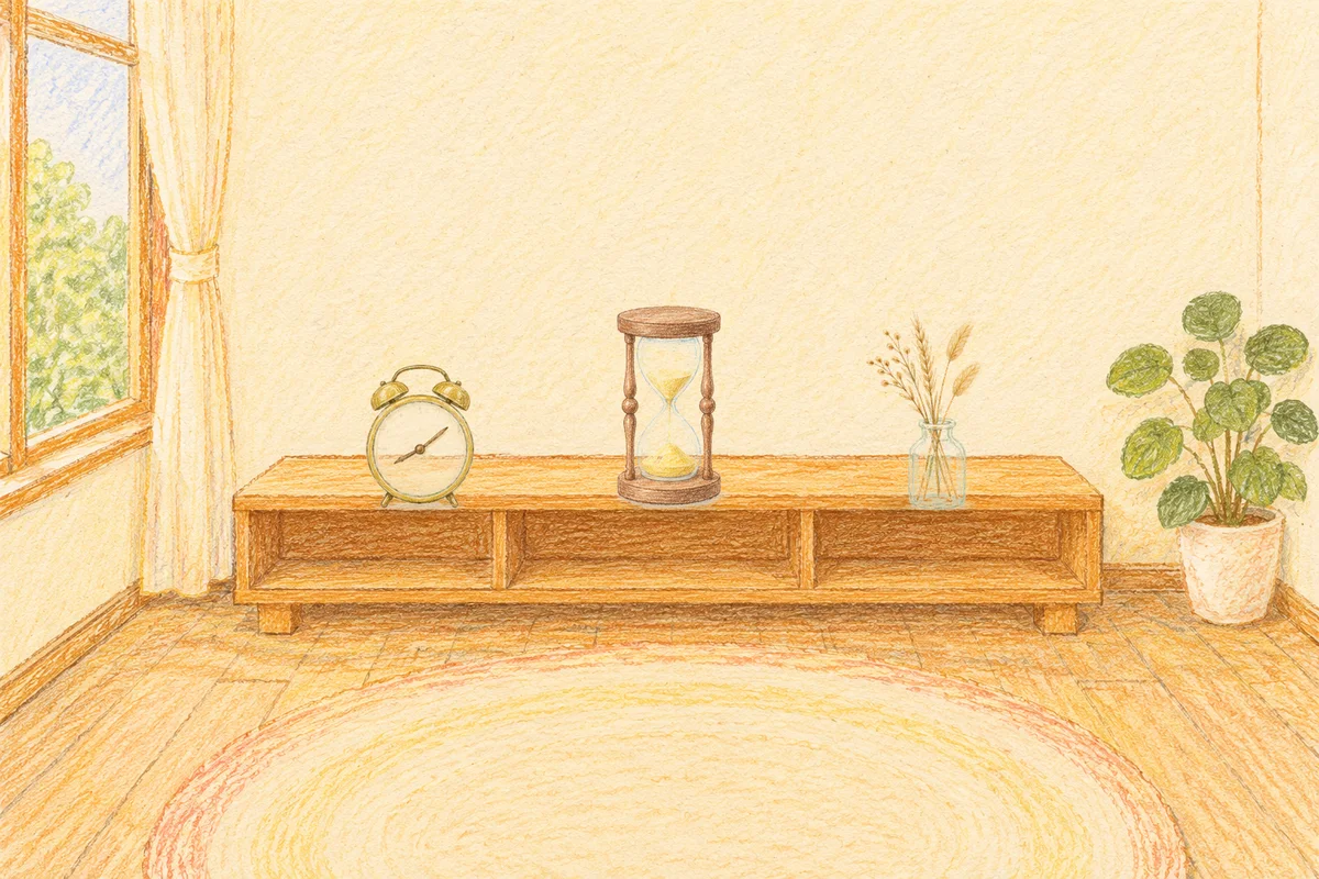 성남 여성전용 경락마사지 후기 안내 그림, 낮의 창가 낮은 선반 위에 놓인 둥근 알람시계, 모래시계, 마른 풀을 꽂은 항아리