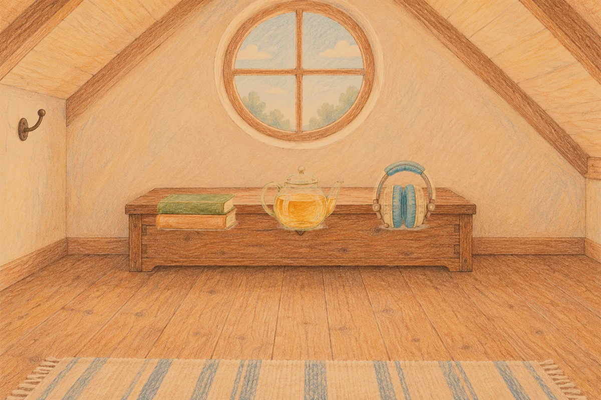 성남 여성전용 경락 추천 안내 그림, 저녁의 다락방 나무 궤짝 위에 놓인 책 두 권, 유리 티포트, 헤드폰