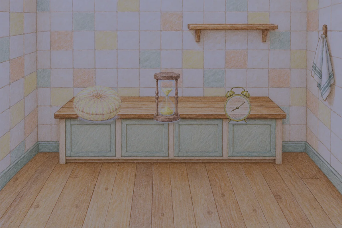 성남 여성전용 홈케어 안내 그림, 밤의 부엌 나무 조리대 위에 놓인 둥근 쿠션, 모래시계, 둥근 알람시계