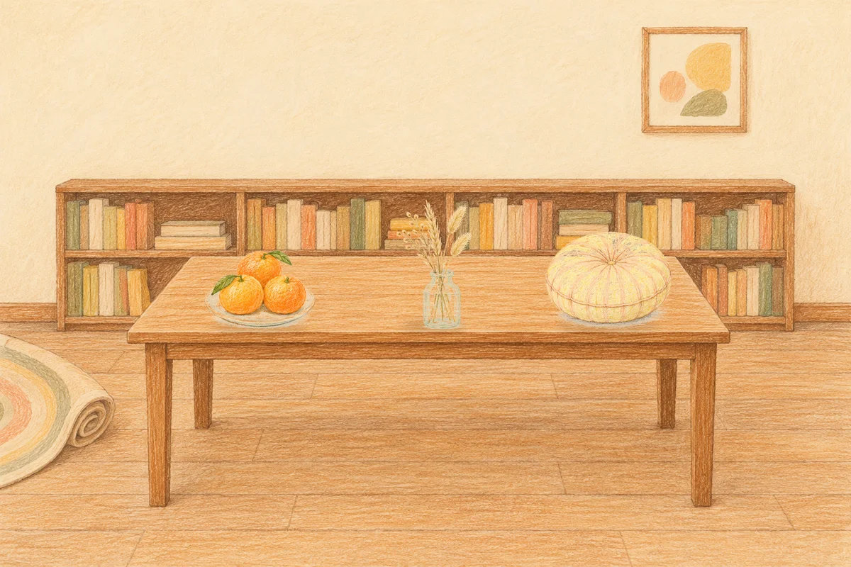 성남 여성전용 방문 마사지 안내 그림, 낮의 서재 긴 책상 위에 놓인 귤이 담긴 접시, 마른 풀을 꽂은 항아리, 둥근 쿠션