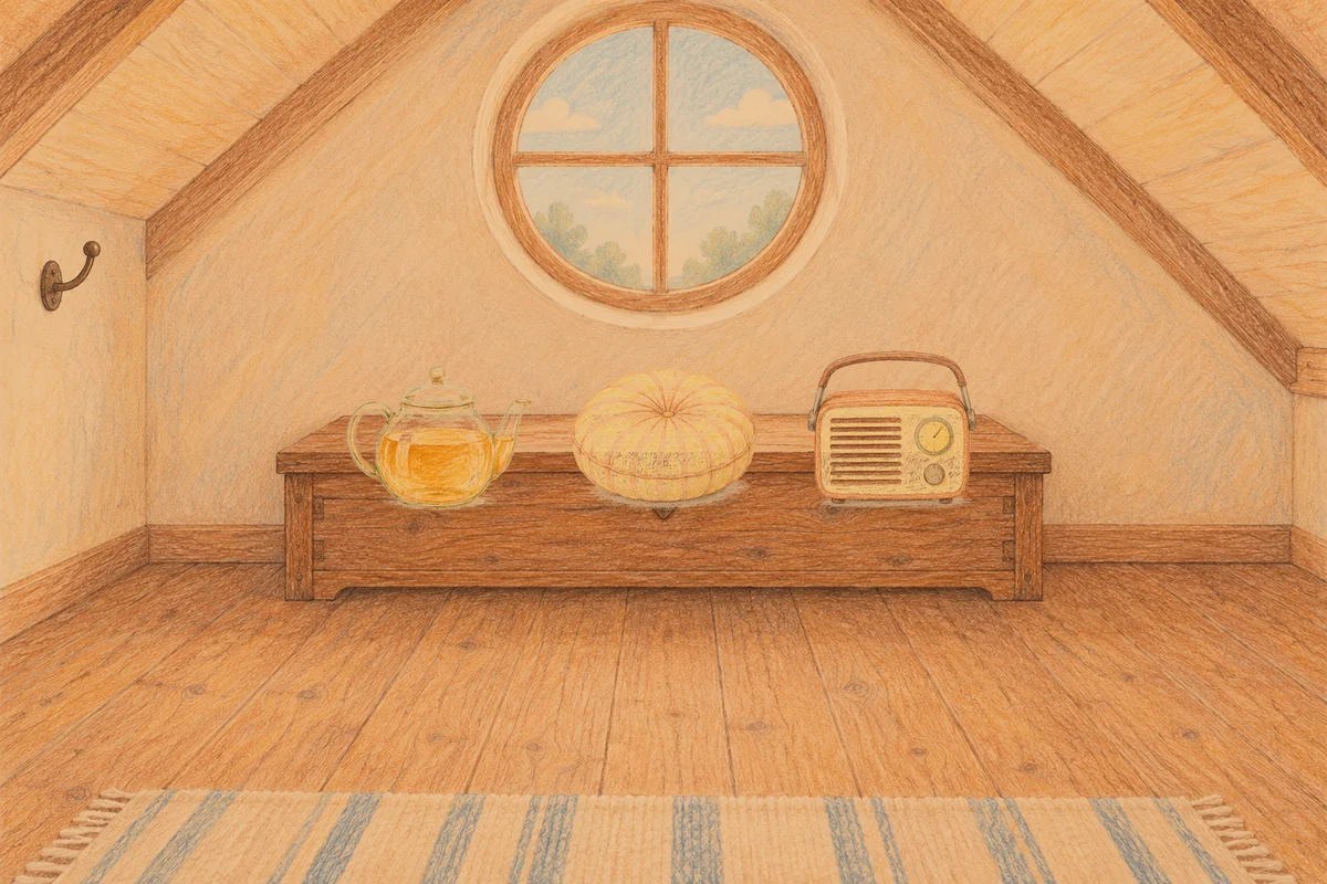 성남 여성전용 홈케어 서비스 안내 그림, 저녁의 다락방 나무 궤짝 위에 놓인 유리 티포트, 둥근 쿠션, 작은 라디오