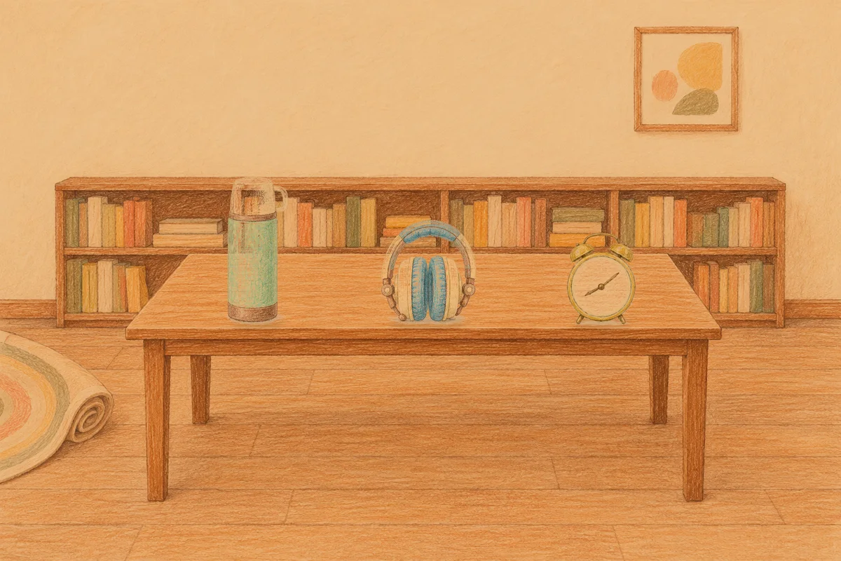 성남 여성전용 방문 홈케어 안내 그림, 저녁의 서재 긴 책상 위에 놓인 보온병, 헤드폰, 둥근 알람시계