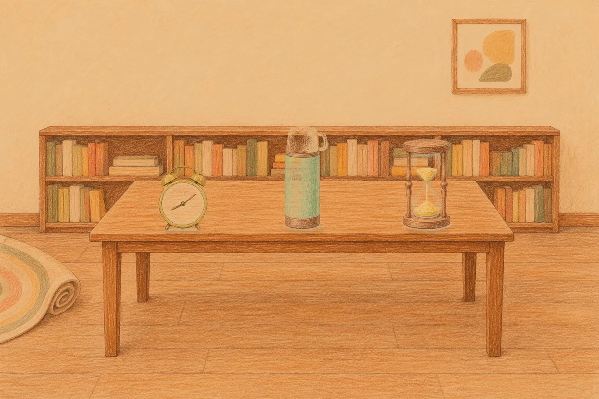 성남 여성전용 1인샵 안내 그림, 저녁의 서재 긴 책상 위에 놓인 둥근 알람시계, 보온병, 모래시계