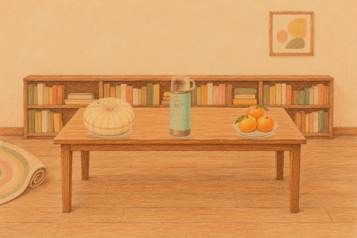 성남 여성전용 홈케어 추천 안내 그림, 저녁의 서재 긴 책상 위에 놓인 둥근 쿠션, 보온병, 귤이 담긴 접시