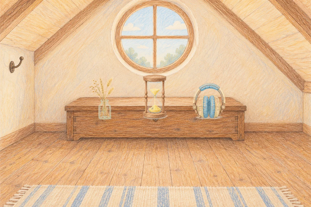 성남 여성전용 발관리 안내 그림, 낮의 다락방 나무 궤짝 위에 놓인 마른 풀을 꽂은 항아리, 모래시계, 헤드폰