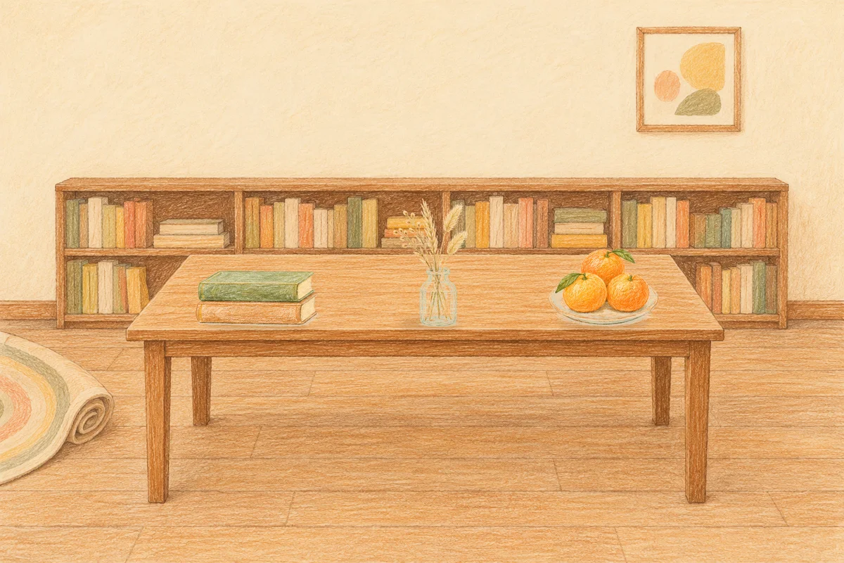 성남 여성전용 발 케어 안내 그림, 낮의 서재 긴 책상 위에 놓인 책 두 권, 마른 풀을 꽂은 항아리, 귤이 담긴 접시