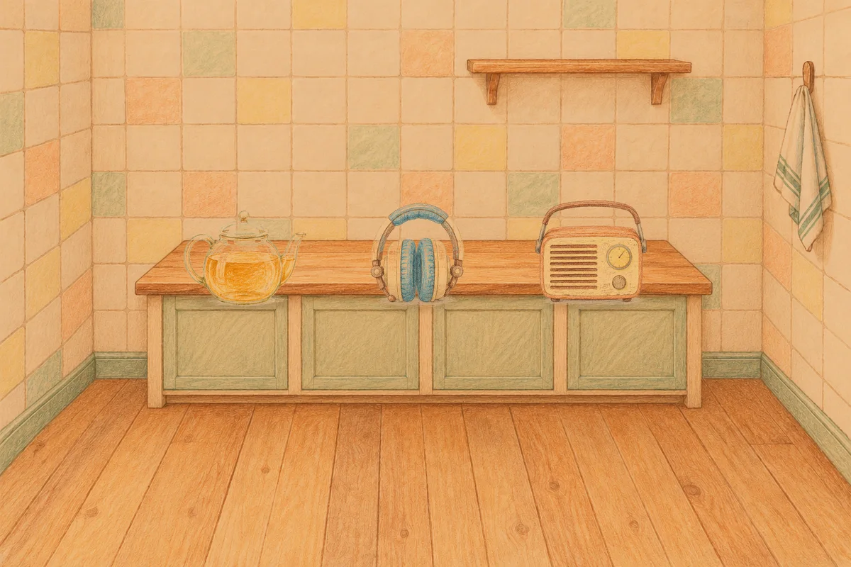 성남 여성전용 발관리 후기 안내 그림, 저녁의 부엌 나무 조리대 위에 놓인 유리 티포트, 헤드폰, 작은 라디오