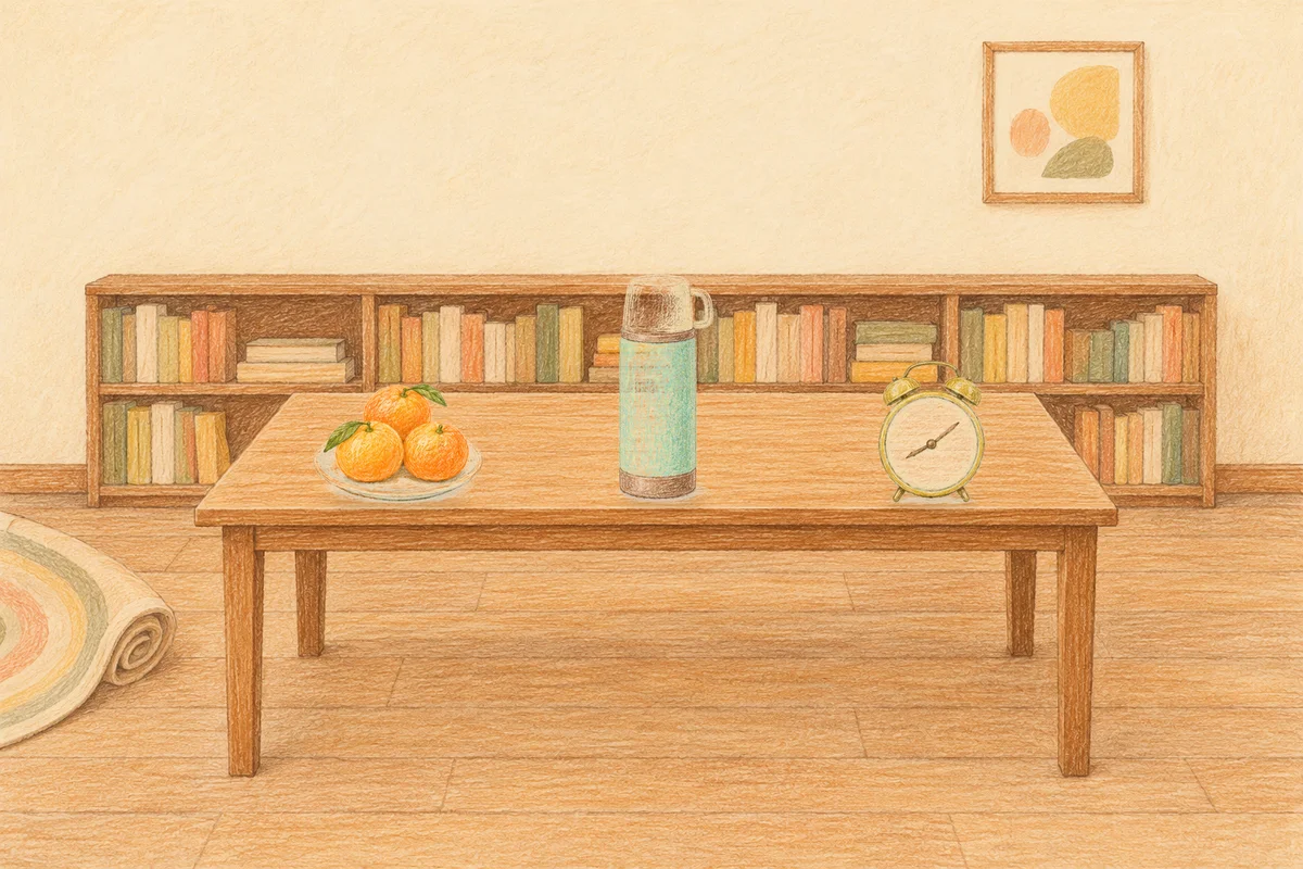 성남 여성전용 발관리 추천 안내 그림, 낮의 서재 긴 책상 위에 놓인 귤이 담긴 접시, 보온병, 둥근 알람시계