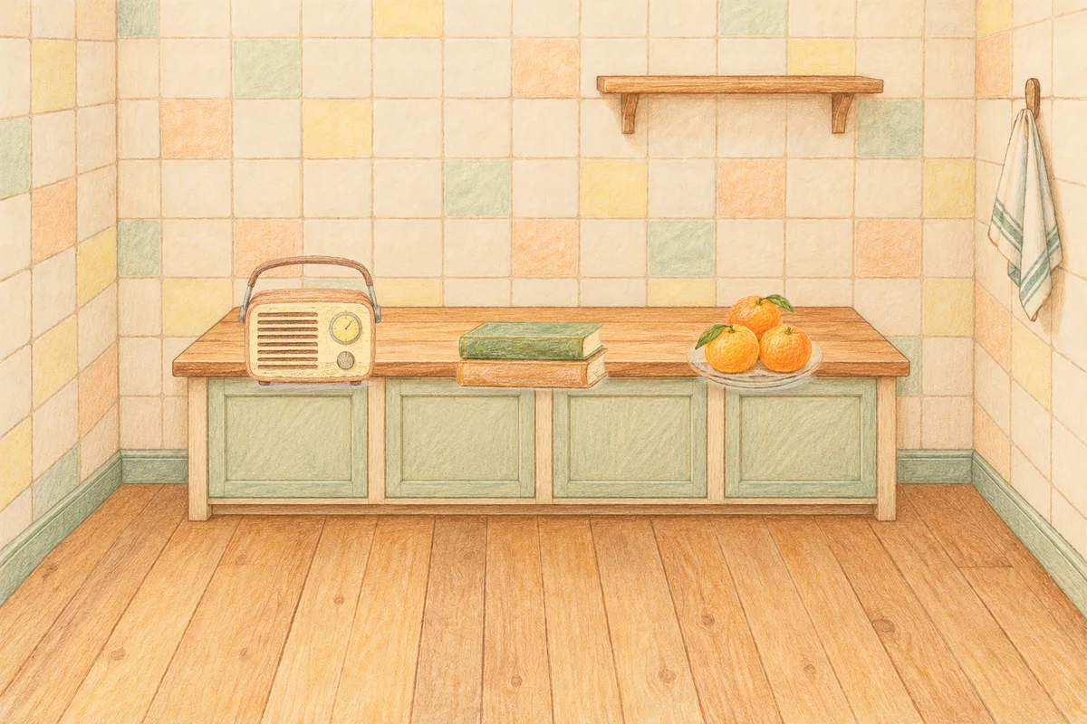 성남 여성전용 림프 마사지 안내 그림, 낮의 부엌 나무 조리대 위에 놓인 작은 라디오, 책 두 권, 귤이 담긴 접시