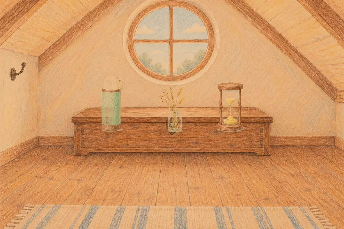 성남 여성전용 부종 케어 안내 그림, 저녁의 다락방 나무 궤짝 위에 놓인 보온병, 마른 풀을 꽂은 항아리, 모래시계