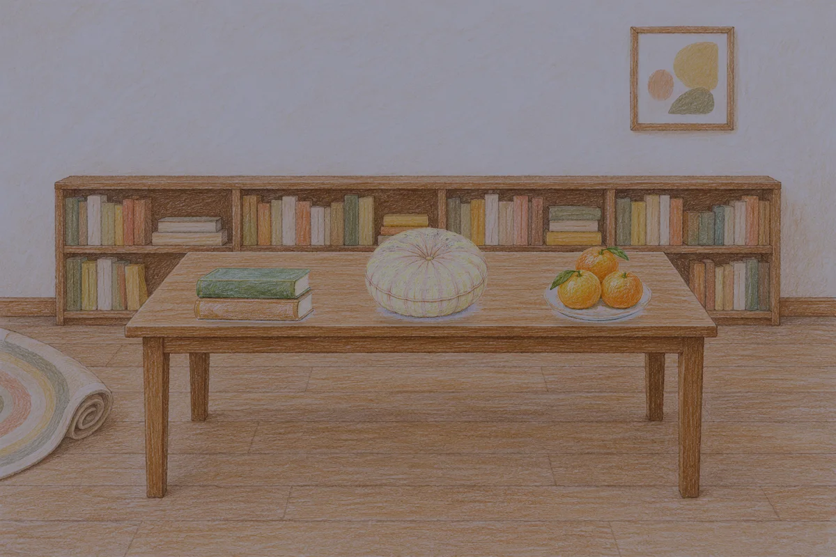 성남 여성전용 다이어트 마사지 안내 그림, 밤의 서재 긴 책상 위에 놓인 책 두 권, 둥근 쿠션, 귤이 담긴 접시