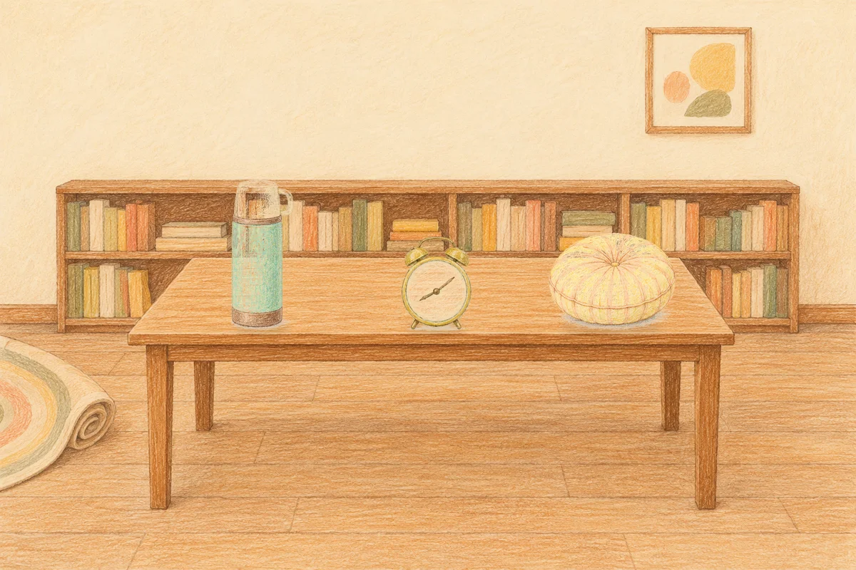 성남 여성전용 종아리 케어 안내 그림, 낮의 서재 긴 책상 위에 놓인 보온병, 둥근 알람시계, 둥근 쿠션