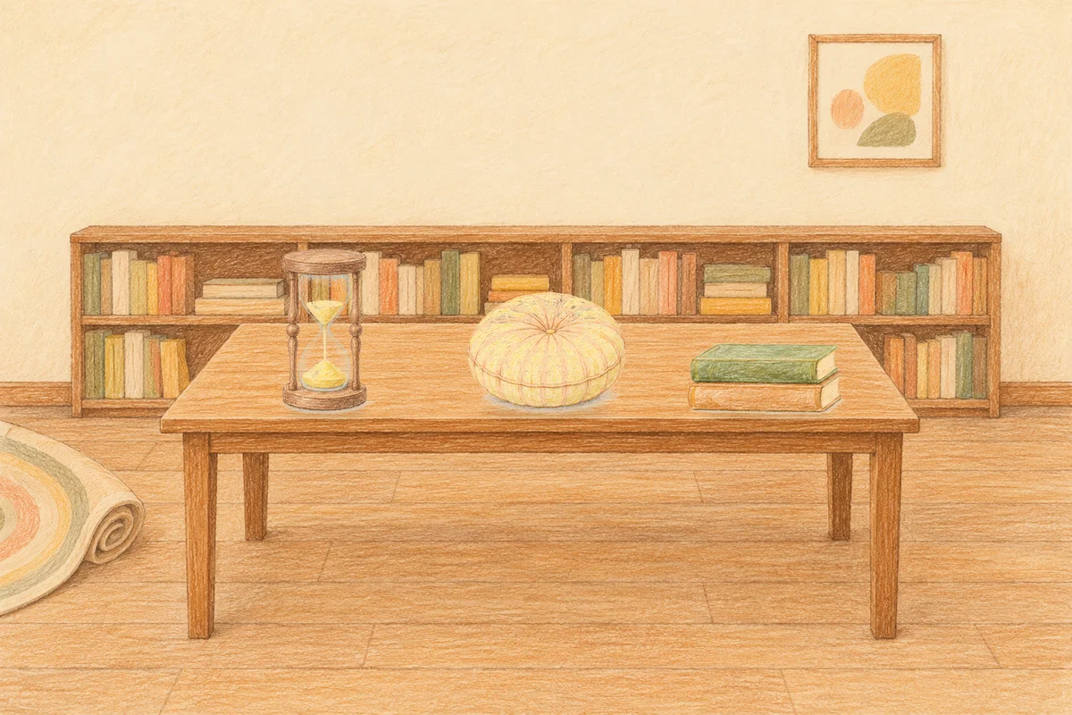 성남 여성전용 등 마사지 안내 그림, 낮의 서재 긴 책상 위에 놓인 모래시계, 둥근 쿠션, 책 두 권