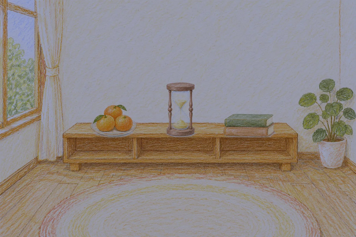 성남 여성전용 어깨 마사지 안내 그림, 밤의 창가 낮은 선반 위에 놓인 귤이 담긴 접시, 모래시계, 책 두 권