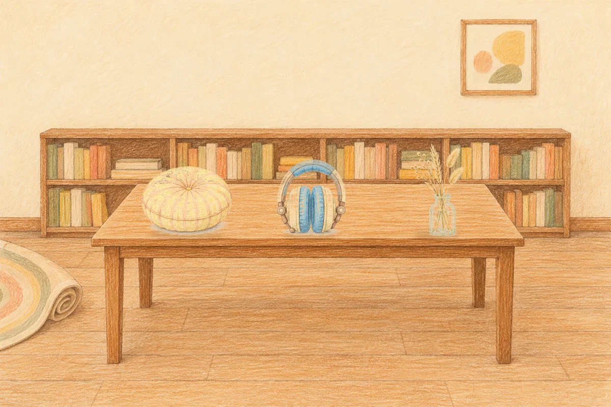 성남 여성전용 목 어깨 케어 안내 그림, 낮의 서재 긴 책상 위에 놓인 둥근 쿠션, 헤드폰, 마른 풀을 꽂은 항아리