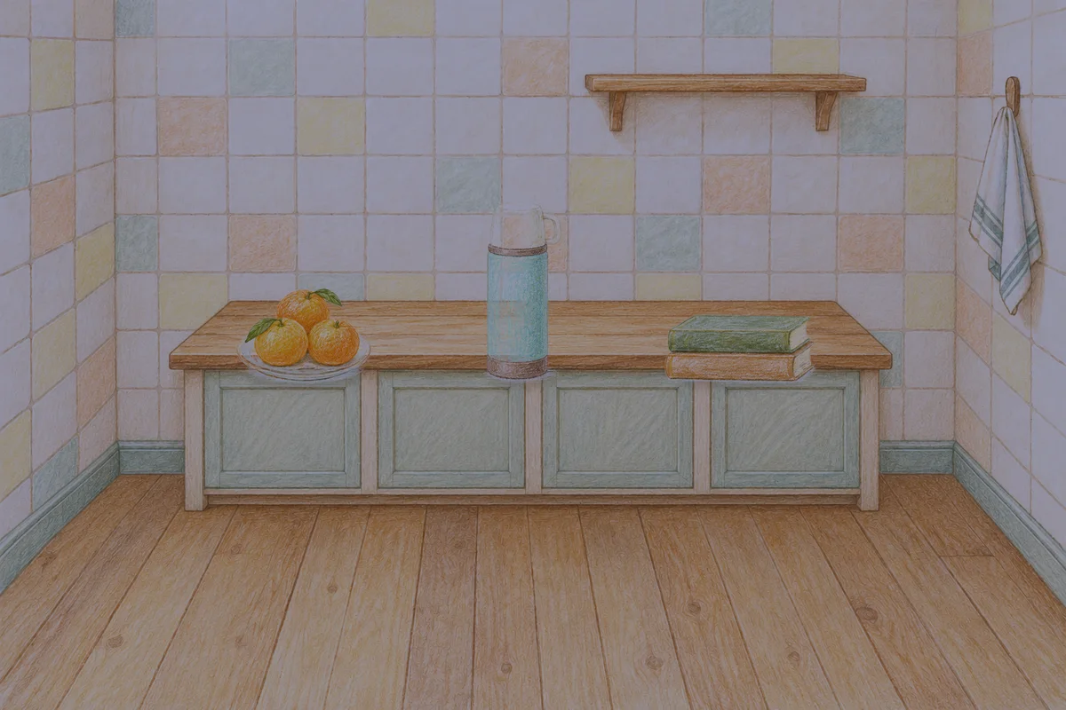 성남 여성전용 페이셜 마사지 안내 그림, 밤의 부엌 나무 조리대 위에 놓인 귤이 담긴 접시, 보온병, 책 두 권