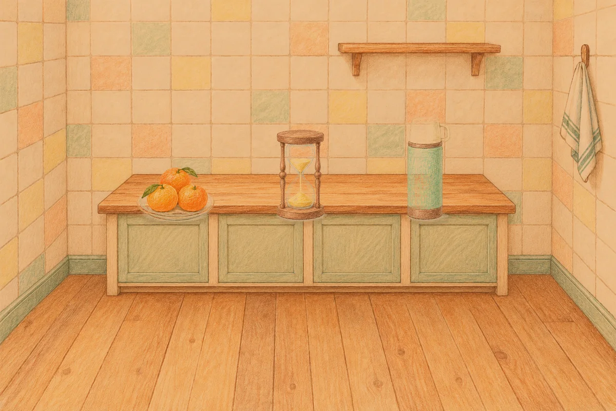 성남 여성전용 림프 페이셜 안내 그림, 저녁의 부엌 나무 조리대 위에 놓인 귤이 담긴 접시, 모래시계, 보온병