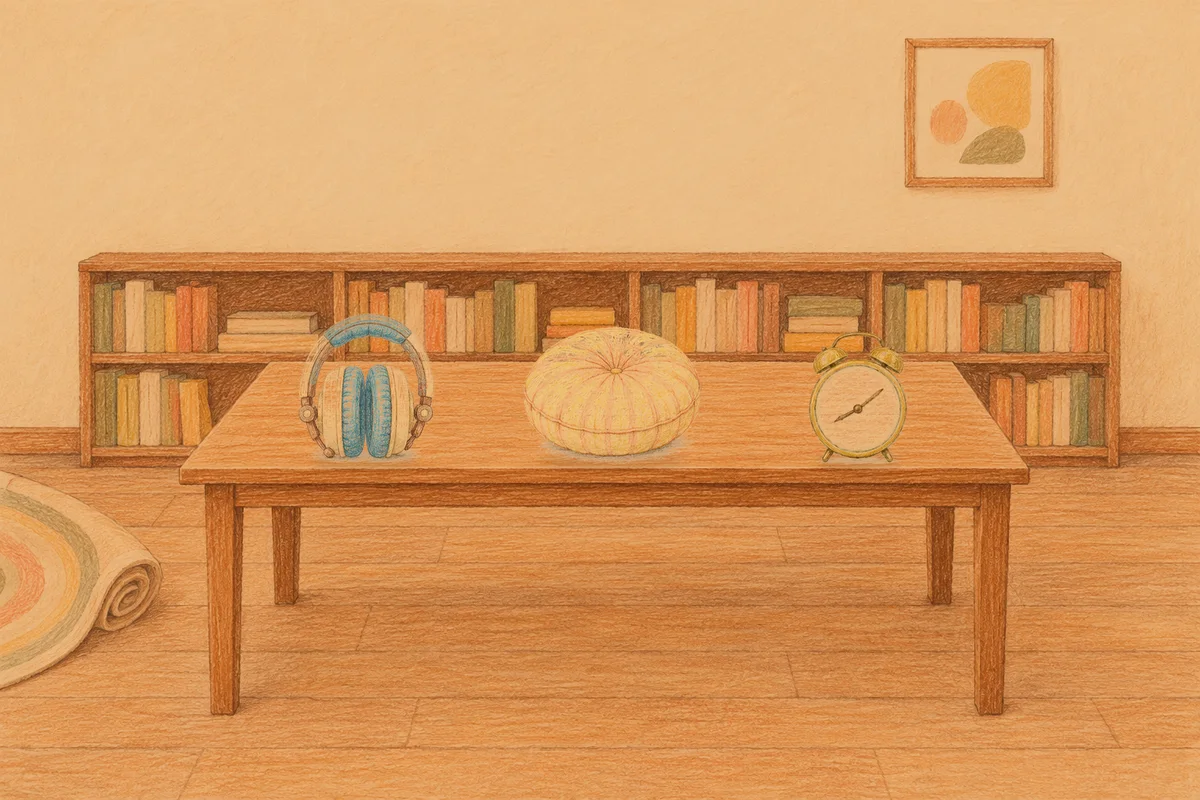 성남 여성전용 피부 관리 안내 그림, 저녁의 서재 긴 책상 위에 놓인 헤드폰, 둥근 쿠션, 둥근 알람시계